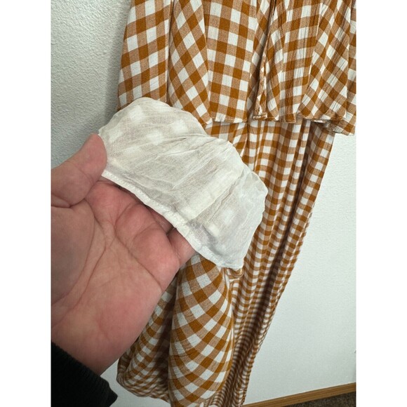 SAYLOR XS Laken Gingham Jumpsuit In Apricot Peplum Top V-Neck Ruffle Knot Front - Picture 13 of 16